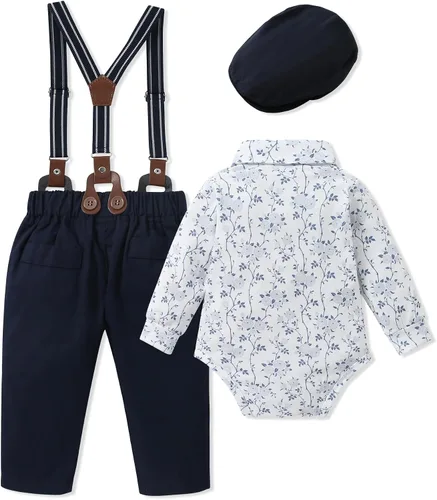 Miniatura 2 de WESIDOM Ropa de bebé niño 0-18M recién nacido traje de caballero, camisa+pajarita+boina+pantalón con tirantes Conjunto de ropa para bebé niño