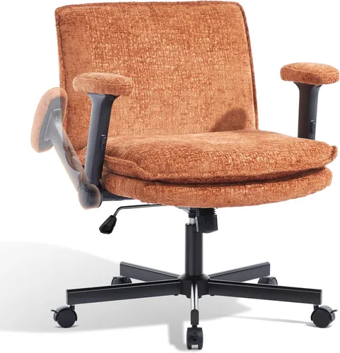 Silla Cruzada con Brazos Abatibles y Ruedas con Bloqueo, Silla de Escritorio de Oficina de Tela de Felpa con Patas Cruzadas, Silla Giratoria de