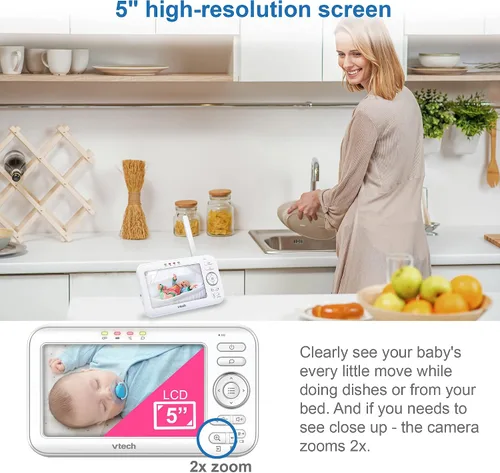 Miniatura 3 de VTech VM5463-2 Monitor de bebé con pantalla de 5 pulgadas y 2 cámaras, inclinación panorámica con zoom, luz nocturna, proyector de luz en el techo
