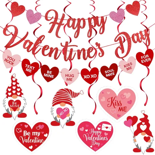 Cartel rojo de feliz día de San Valentín y decoración de remolinos de corazón colgante de San Valentín para decoración de fiesta de feliz día de San