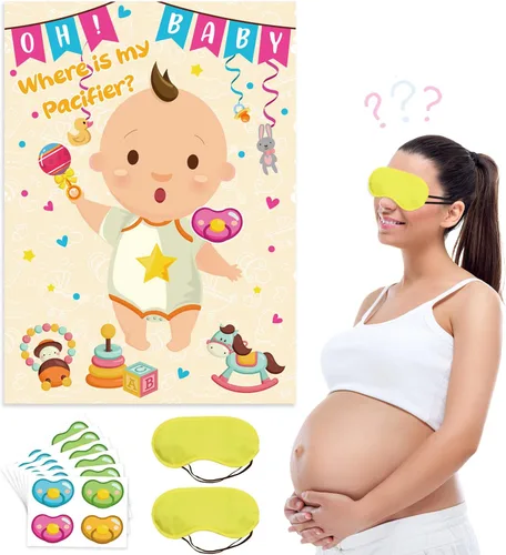 Póster de Pin The Chupete en el bebé, juegos de fiesta para adultos, decoraciones de revelación de género, lindas decoraciones de fiesta de baby