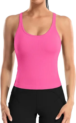 Miniatura 31 de ATTRACO Camiseta corta acanalada de entrenamiento para mujer con brasier integrado para yoga, espalda cruzada, ajuste ajustado