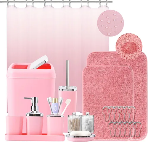Miniatura 51 de XLHOMO - Juego de baño beige de plástico de 9 piezas, con basurero, dispensador de jabón, portacepillos de dientes, vaso, jabonera, cepillo