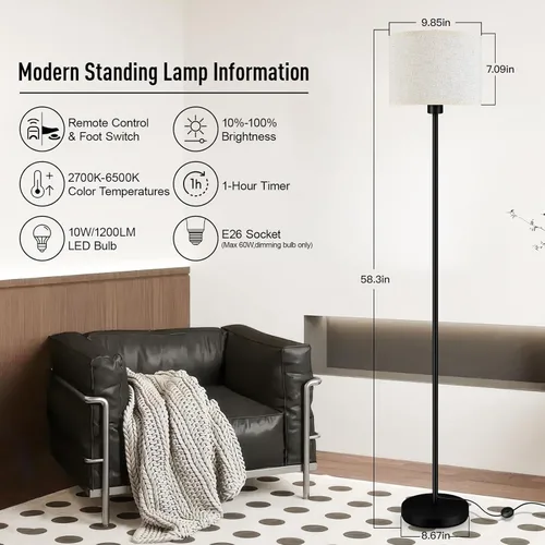 Miniatura 3 de Lámparas de pie para sala de estar, lámpara de pie regulable sin pasos con control remoto, 2700 K-6500 K, colores de temperatura y brillo Beige