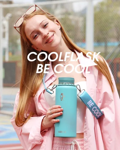Miniatura 7 de Botella de agua Coolflask de 40 onzas con correa, botella de agua metálica aislada con popote y tapas con pico, acero inoxidable de doble pared al