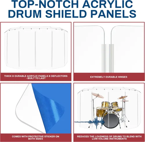 Miniatura 4 de PENNZONI Drum Shield de 4 pies con deflectores y bisagras de plástico, viene con 6 paneles de tambor, bisagras de plástico y conectores