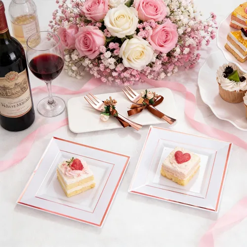 Miniatura 7 de WDF 86 platos de postre de oro rosa de 6 pulgadas con 86 tenedores desechables de 5 pulgadas, elegantes platos de plástico cuadrados para el día