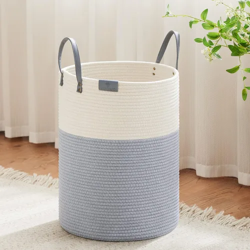 Miniatura 19 de VIPOSCO Cesta alta para ropa sucia, cesta grande para ropa sucia con mango de cuero, cesta de almacenamiento de cuerda tejida para manta, juguete