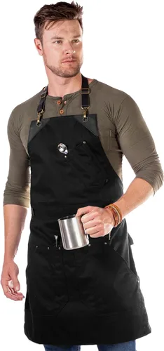 Miniatura 3 de Under NY Sky Delantal de barista, correas de cuero negro y refuerzo, bolsillos remachados, doble costura, lazo de anillo de cuero, sarga negra