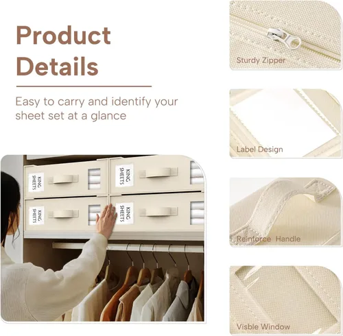 Miniatura 5 de Criusia Organizadores y Almacenamiento de Sábanas, Paquete de 4 Organizadores Plegables para Armario de Ropa Blanca – Soporte de Ropa de Cama