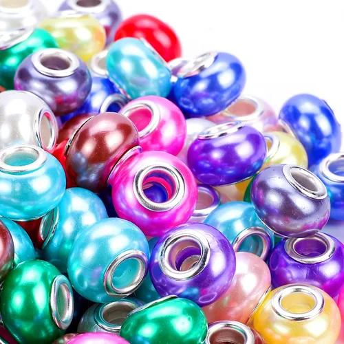 Miniatura 14 de 100 Piezas Cuentas Espaciadoras Europeas de Agujero Grande de 0.551 pulgadas, Mezcla de Colores con Núcleos de Latón Plateado Surtidos Cuentas