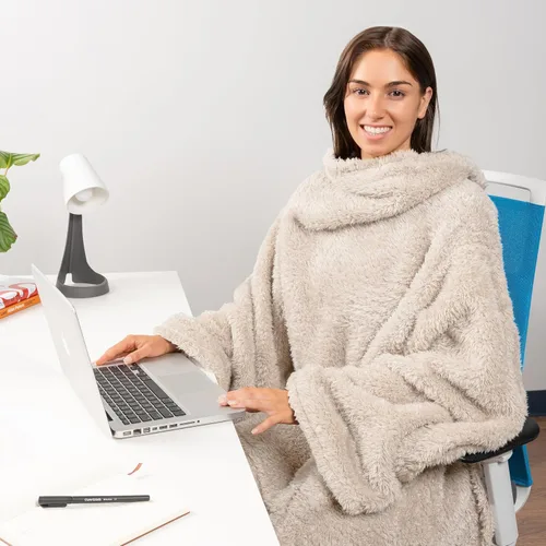 Miniatura 4 de PAVILIA Manta Esponjosa con Mangas para Adultos, Manta Vestible de Felpa Suave y Difusa, Forro Polar Sherpa con Mangas y Bolsillo, Regalos Cálidos