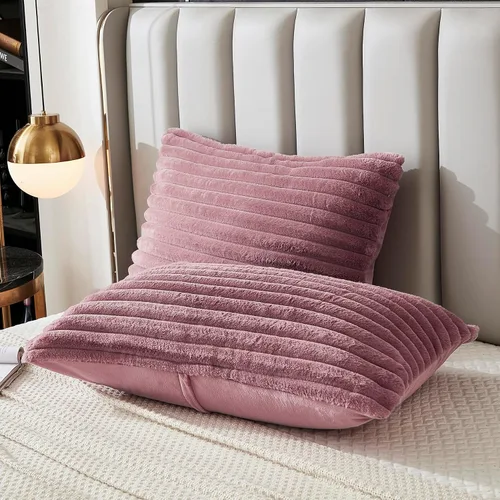 Miniatura 20 de Juego de 2 fundas de almohada para cama tamaño king, fundas de cojín rectangulares lumbares con diseño de rayas, forro de piel de conejo sintética