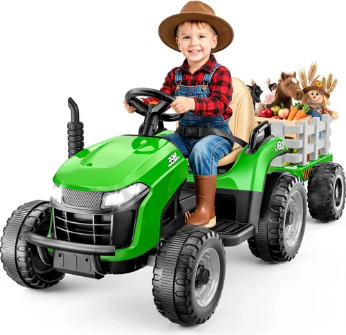Miniatura 10 de ARBELI Tractor de paseo de 12 V 7 AH con remolque inclinable y control remoto, motores de 2 x 45 W, Bluetooth, música, palanca de cambios, juguetes