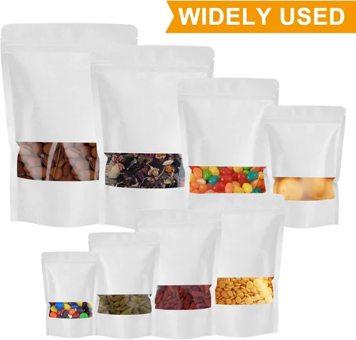 Miniatura 8 de 100 bolsas de papel kraft, bolsas resellables de embalaje de alimentos con ventana, cremallera de pie, bolsas reutilizables sellables por calor