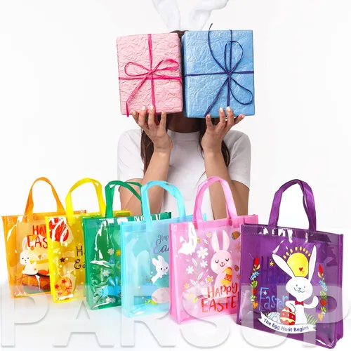 Miniatura 4 de 12 bolsas de caza de huevos de Pascua, conejito de Pascua, zanahoria, huevos de pollito con asas, bolsas de regalo de Pascua, suministros