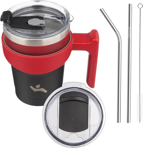 Miniatura 71 de Konokyo - Vaso de 10 onzas con asa y 2 popotes, 2 tapas, botella de agua aislada de acero inoxidable, taza de viaje reutilizable, color verde militar