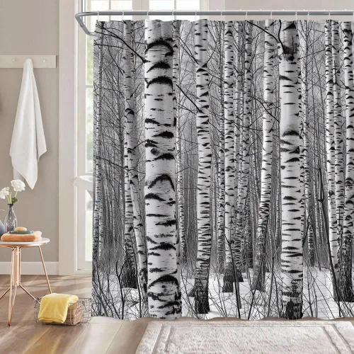 Miniatura 2 de Cortina de ducha de abedul, árbol, bosque, abstracto, tronco, paisaje, naturaleza, ramas de temporada, juego de decoración de baño con ganchos