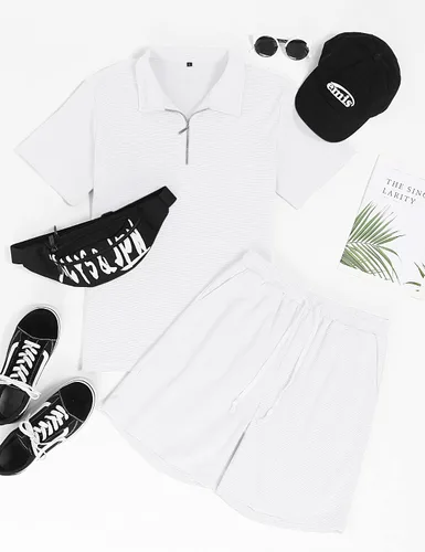 Miniatura 2 de Babioboa Conjunto de camisa polo de manga corta y pantalones cortos para hombre, conjunto de verano de dos piezas con 3 bolsillos con cremallera
