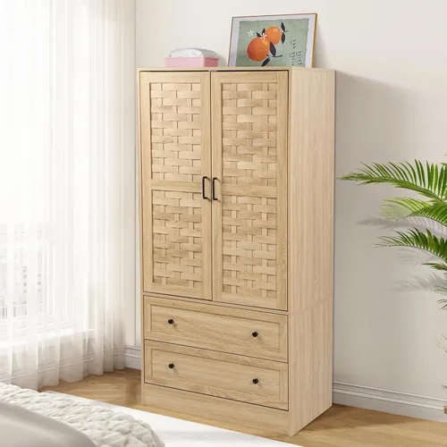 LEVNARY Armario con 2 puertas tejidas, armario con 2 cajones de almacenamiento y riel para colgar, armario de madera independiente para dormitorio
