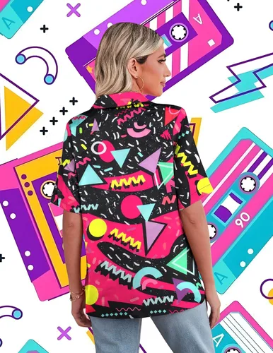 Miniatura 5 de Trajes de los años 80 para mujer, camisa de neón de los años 80 y 90, camisa retro para fiesta temática de discoteca, camisa hawaiana con botones