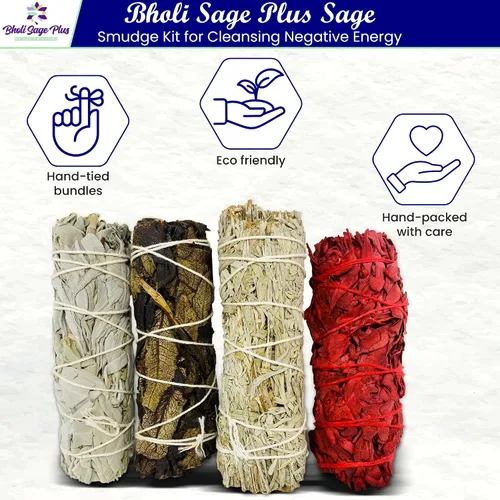 Miniatura 2 de Kit de inicio de salvia de Bholi Sage Plus para la limpieza de energía negativa. Paquete variado de 4 que incluye salvia blanca, negra, azul y roja