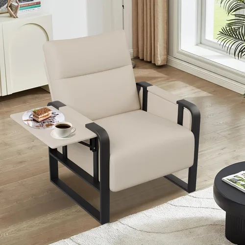 Miniatura 3 de Silla de Acento Moderna Tapizada en Cuero PU Sillón con Mesa de Bandeja para Dormitorio Sala de Estar Sillas Silla de Oficina Beige