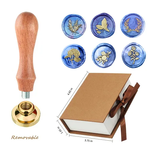 Miniatura 4 de Juego de sellos de cera para plantas con 6 cabezales de latón extraíbles y 1 mango de madera, sellos de cera retro para decoración de sobres