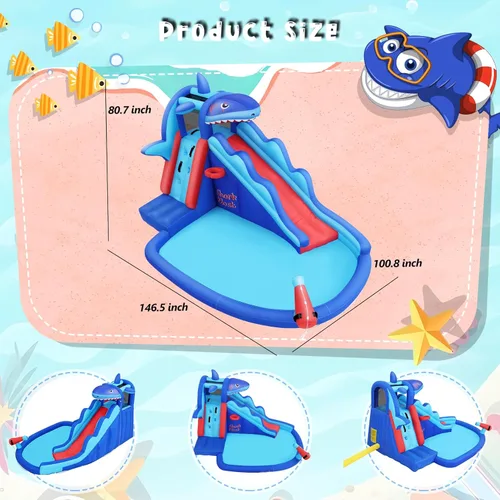 Miniatura 5 de AKEYDIY Toboganes acuáticos inflables, estilo tiburón, parque acuático inflable al aire libre con escalada, borde de baloncesto, piscina