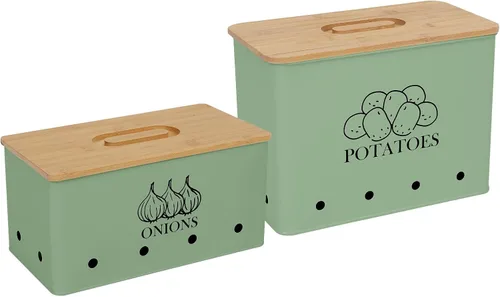 Miniatura 9 de Juego de 2 contenedores de almacenamiento de papas y cebollas, almacenamiento de verduras de metal ventilado con tapas de madera, recipientes