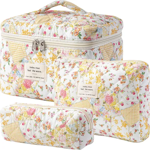Miniatura 30 de HBselect Bolsa de maquillaje acolchada, 3 piezas de algodón grande, bolsa de maquillaje de viaje, bonita bolsa de maquillaje floral de coqueta