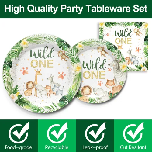 Miniatura 2 de 168 Wild One - Juego de vajilla para fiesta de cumpleaños, incluye platos, servilletas, vasos, cubiertos, para temática de selva de animales