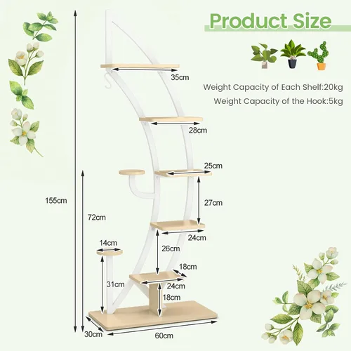 Miniatura 9 de Soporte de metal para plantas de 6 niveles, estante para plantas en forma de media luna para interiores con colgador y dispositivo antivuelco
