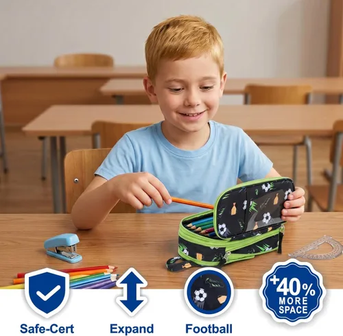 Miniatura 7 de Bagseri Pencil Case for Kids - Expandable Pencil Case for Boys Pencil Pouch Pencil Box Organizer Cute Pencil Bag for Student School, Black Football