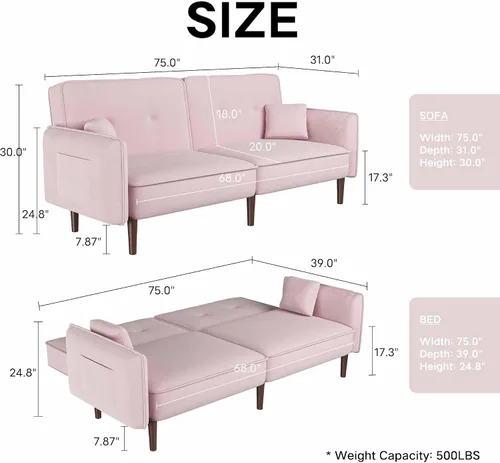 Miniatura 2 de Futón biplaza de 75 pulgadas, sofá cama convertible de terciopelo, moderno con patas de madera, sofá reclinable tapizado plegable, asiento de espuma