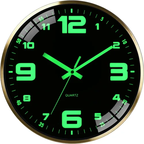 Reloj de pared de 12 pulgadas con batería, sin tictac, con iluminación en la oscuridad, fuente grande fácil de leer, visible en la noche, marco de