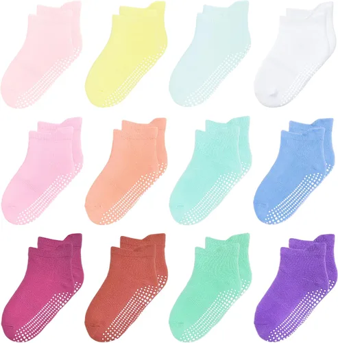 Miniatura 9 de 12 paquetes de calcetines antideslizantes para niños y bebés con agarres, 1-7 años, calcetines de algodón para tobillo para niños y niñas