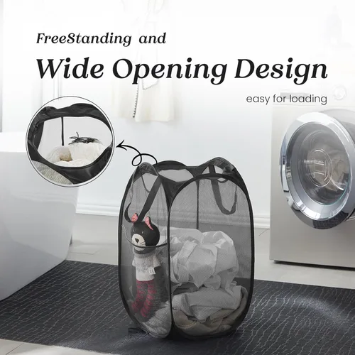 Miniatura 4 de TECHMILLY Cesta plegable de malla para la ropa sucia con asas resistentes y bolsillo lateral, cestas plegables portátiles para ropa para dormitorio