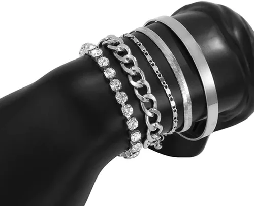 Miniatura 2 de fxmimior Juego de 5 pulseras apilables de cadena dorada y plata con diamantes de imitación para mujer, con cuentas ajustables, cadena de cable plano