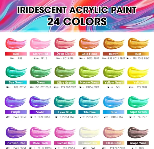 Miniatura 5 de Juego de pintura acrílica iridiscente de 40 piezas con 12 pinceles, 2 cuchillos y paleta, 24 colores (2 onzas/60 ml) - para adultos, artistas