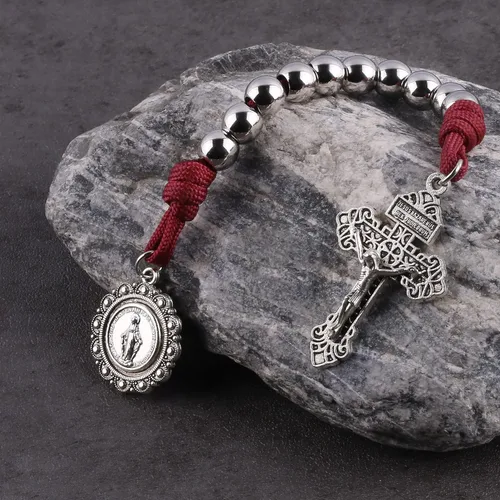 Miniatura 59 de Rosario de bolsillo estilo abierto una década de acero inoxidable rosario católico con crucifijo medalla de San Benito con bolsa de regalo