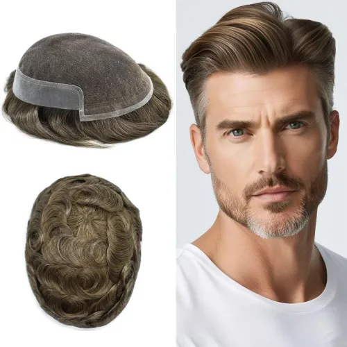 Miniatura 27 de FACE MIRACLE - Tupé frontal de encaje francés para hombres, sistema de reemplazo de cabello humano de encaje con pieza de pelo de poliuretano