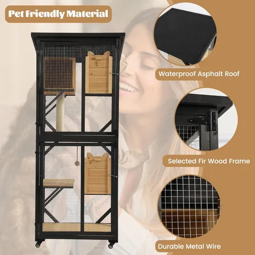 Miniatura 6 de MAGIC UNION Catio de 71 pulgadas de acceso a la ventana para gatos al aire libre, 4 niveles para gatos con ruedas, caja de descanso y techo