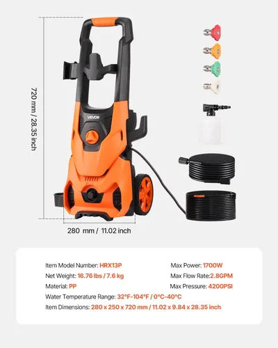 Miniatura 7 de VEVOR Lavadora a presión eléctrica, máximo 4200 PSI 2.8 GPM, limpiador de alta potencia con cañón de espuma y 4 boquillas para calzadas
