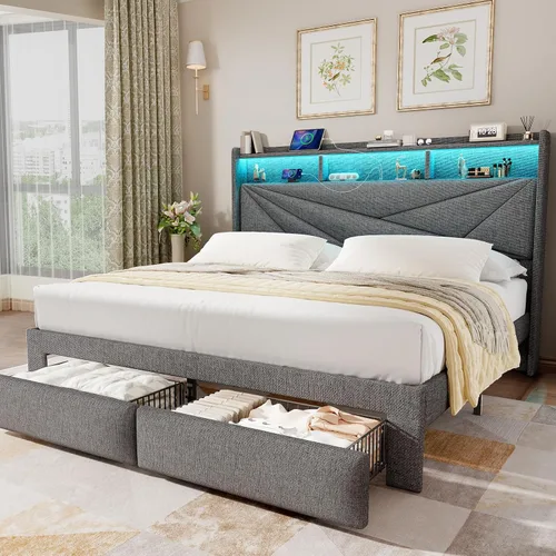 Miniatura 9 de Driftalia Base de cama de tamaño completo con cabecera de almacenamiento de 2 niveles, base de cama de tamaño completo tapizada con 2 cajones