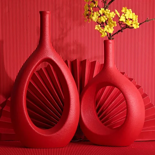 Miniatura 4 de Juego de 2 jarrones de cerámica rojos, jarrón floral moderno hueco circular con agujero para decoración del hogar, para centros de mesa