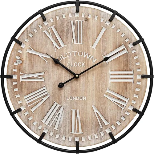 Reloj de pared grande de granja, reloj de pared de madera rústica de 24 pulgadas decorativo con círculo de metal y números grabados, funciona con