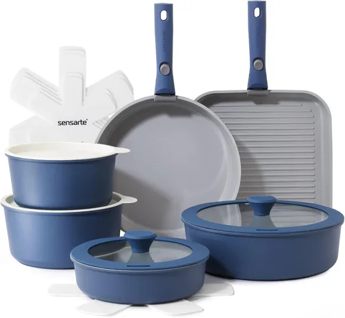 SENSARTE Juego de ollas y sartenes de cerámica de 17 piezas, antiadherentes con mango desmontable, utensilios de cocina de inducción con mango Azul