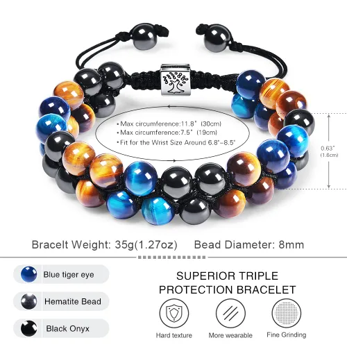 Miniatura 35 de DHQH Triple Protection Bracelet 8/10MM Hematite Black Agate Tigers Eye Stone Bracelet Crystal Jewelry Healing Bead Bracelets for Men Bring Luck