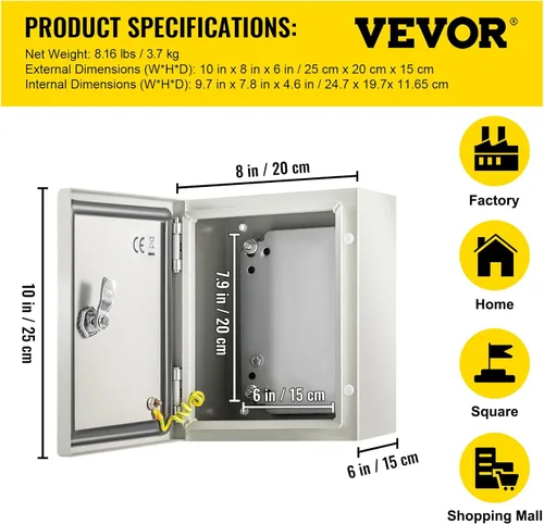 Miniatura 7 de VEVOR Caja de Acoplamiento de Acero NEMA 10×8×6, Caja Eléctrica de Acero NEMA 4X, Impermeable y Resistente al Polvo IP66, Caja de Acoplamiento